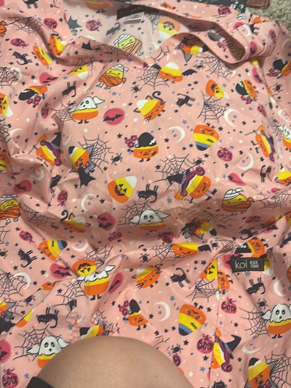 koi Pink Halloween Candy Corn & Ghost Print Scrub Top